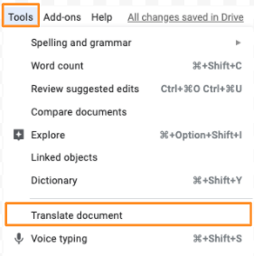 Screenshot of Tools menu with "Translate document" button highlighted