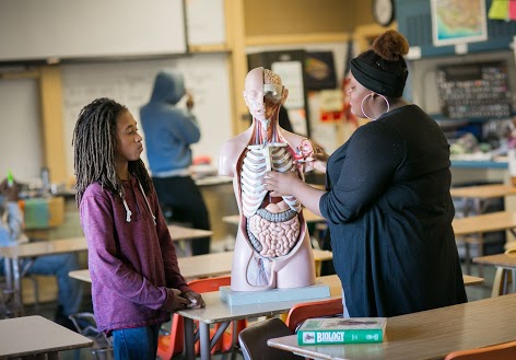 Teacher and student working with model of human body