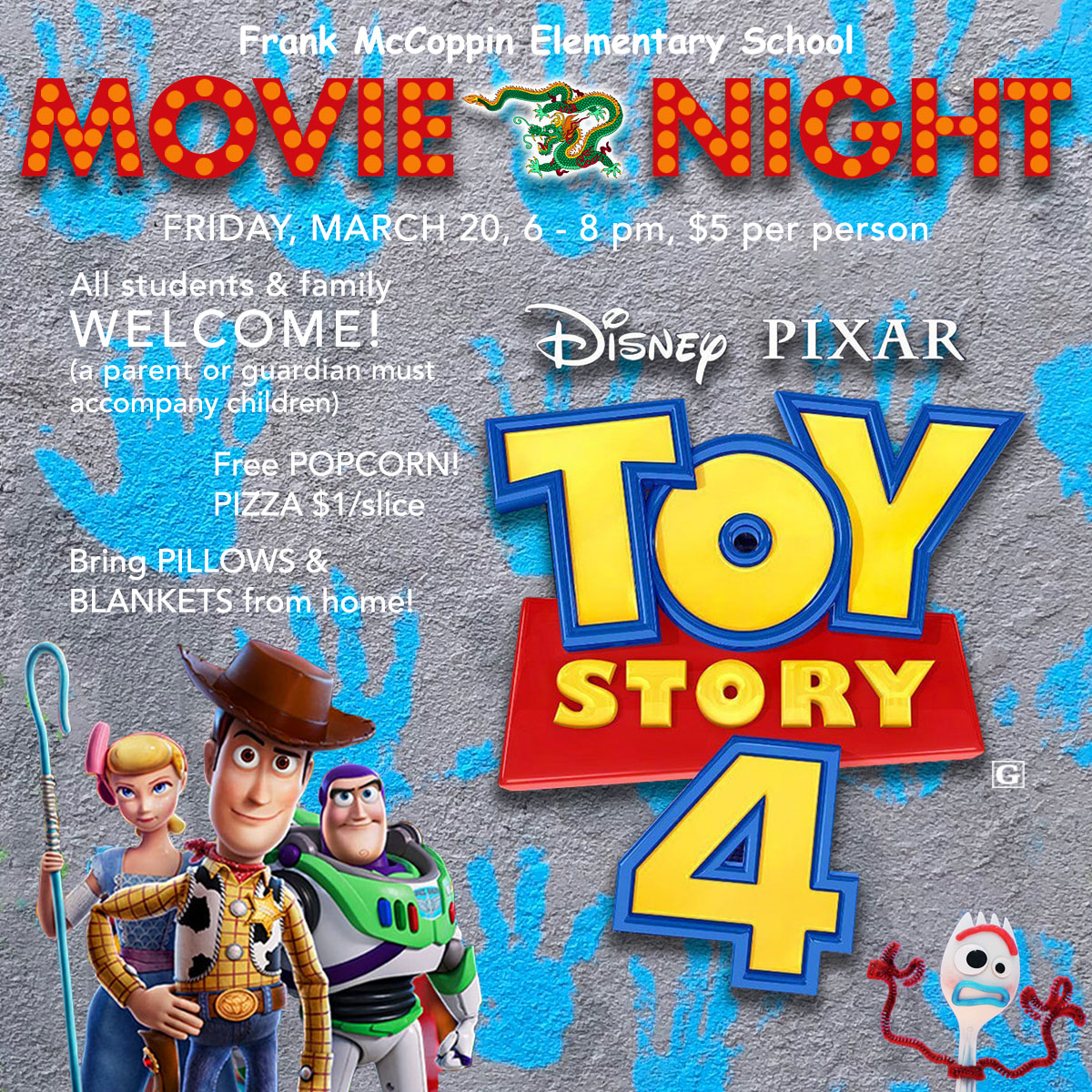 Movie night, featuring Toy Story 4, on 3/20/20