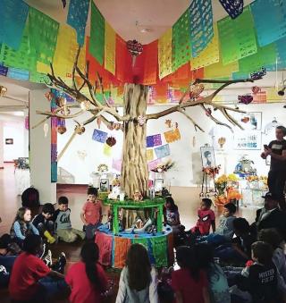 Classroom with an indoor tree surrounded by elementary school students