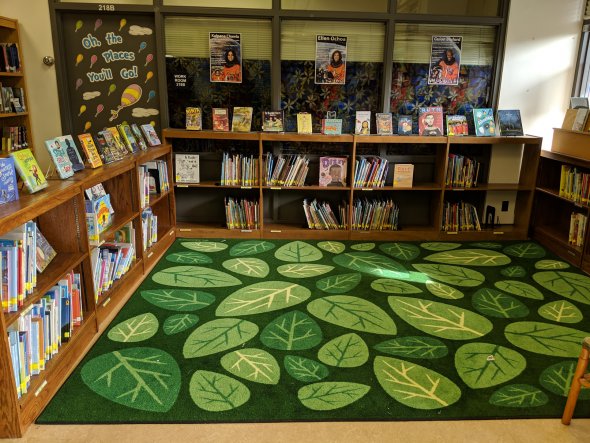 School library reading area with bookshelves and a colorful rug