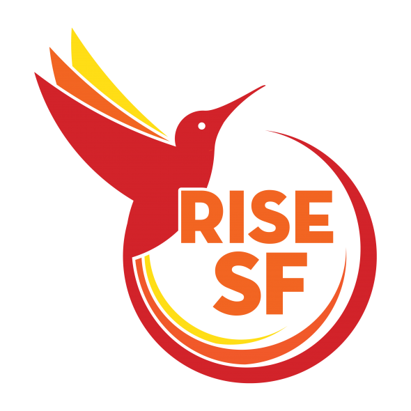 Red humming bird with yellow and orange accented wings and tail, encircling RISE-SF name.